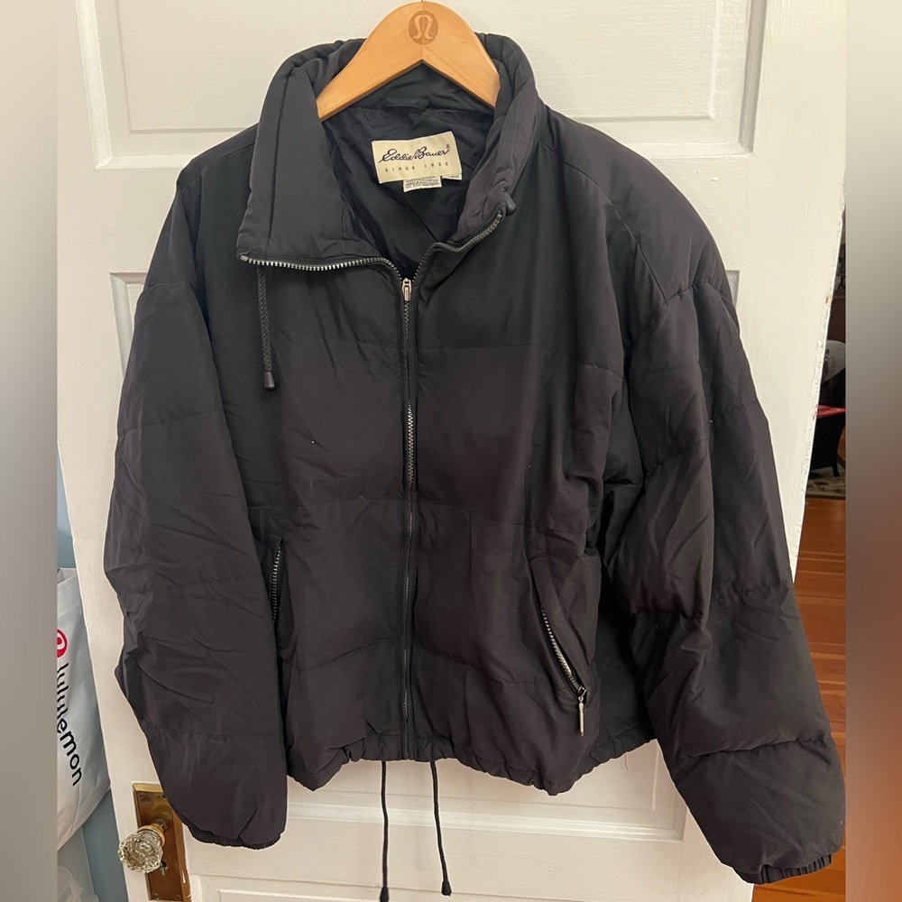 Eddie Bauer Womens Puffy Goose Down Jacket Black XL Zip Up Winter Puffer Coat